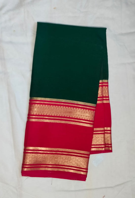 Classic Bottle Green & Rani Pink Semi Crepe Mysore Silk Saree