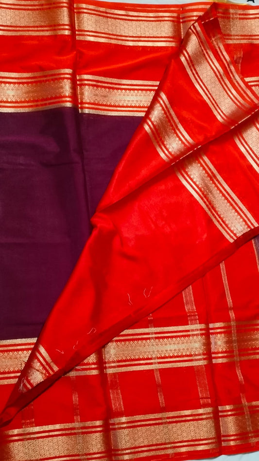 Elegant Deep Maroon with Bright Orange Semi Crepe Mysore Silk Saree