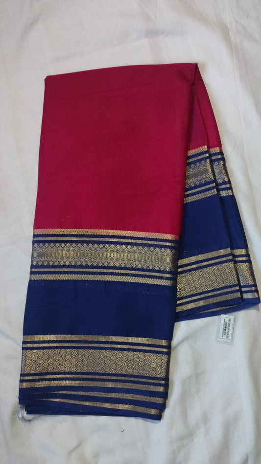 Pink Semi Crepe Mysore Silk Saree with Navy Blue Zari Border