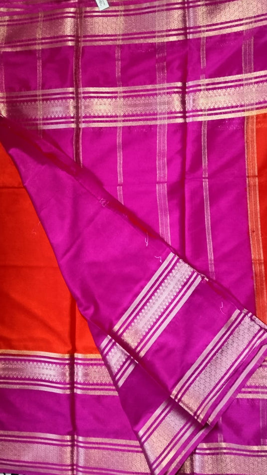 Orange Semi Crepe Mysore Silk Saree with Pink Zari Border