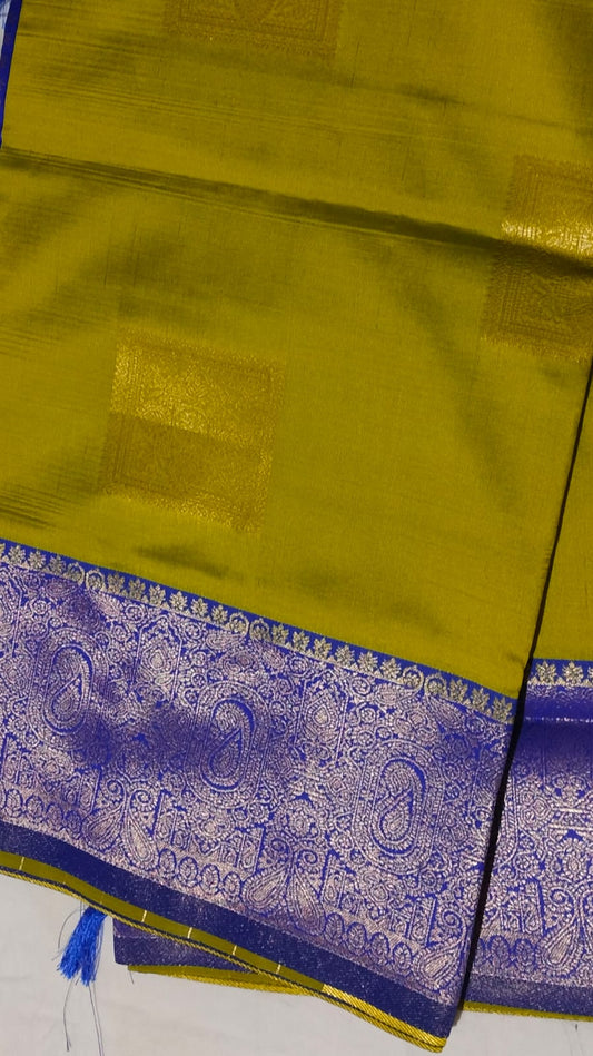 Parrot Green Saree with Royal Blue Zari Border