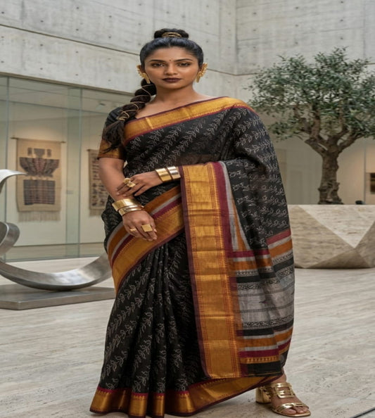 Black Silk Mix Cotton Saree with Rich Zari