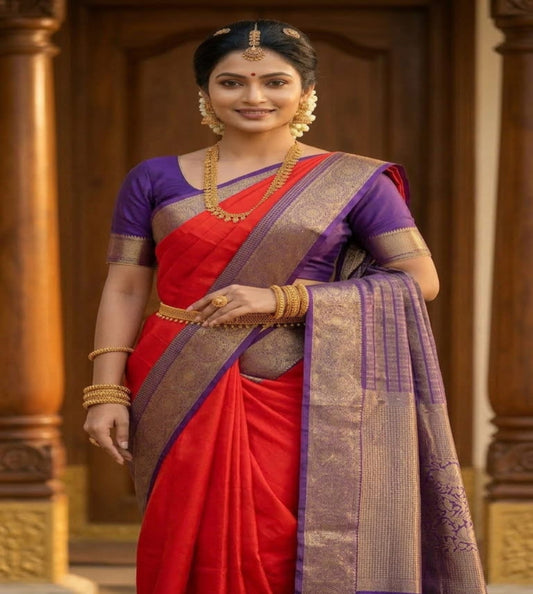 Orange With Purple Crepe Big Border Saree