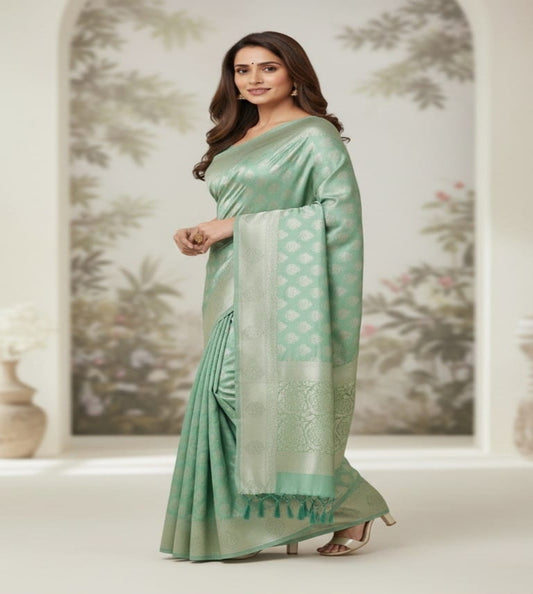 Elegant Sea Green Cotton Silk Saree with Gold Zari
