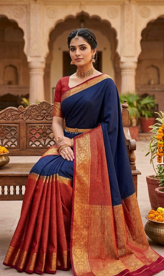 Navy With Maroon Crepe Big Border Saree