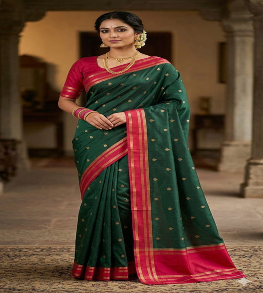Elegant Bottle Green Gajji Silk Saree with Contrast Dark Pink Border