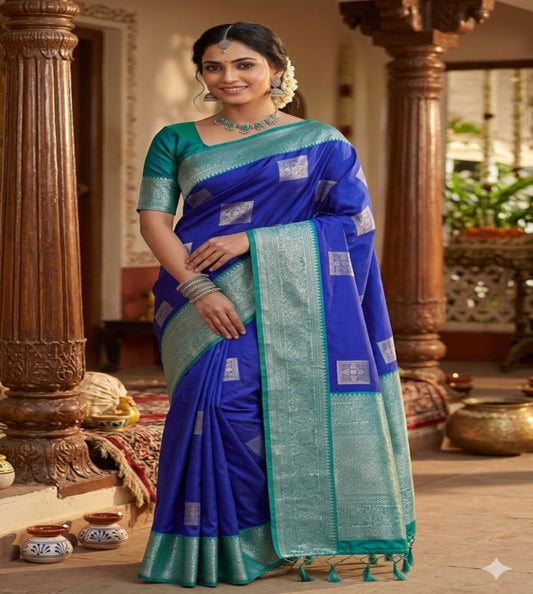 Royal Blue Semi Silk Saree with Teal Zari Border