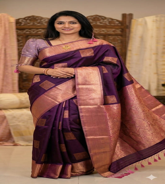 Wine Purple Semi Silk Saree with Rose Gold Zari Border