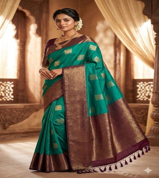 Emerald Green with Wine Zari Border Saree