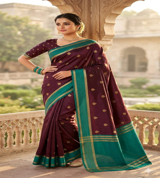 Elegant Wine Brown Gajji Silk Saree with Contrast Cyan Border