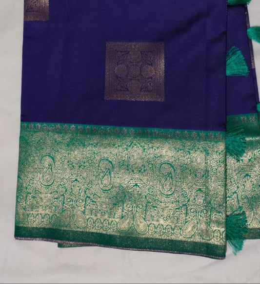 Royal Blue Semi Silk Saree with Contrast Green Border