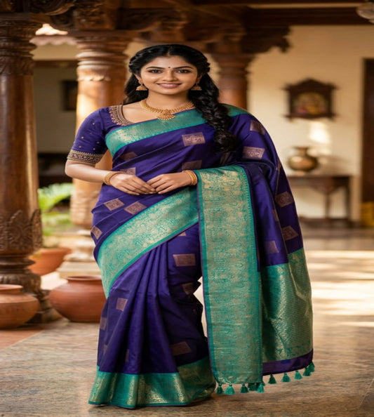 Royal Blue Semi Silk Saree with Contrast Green Border