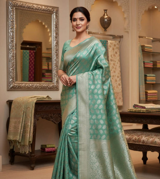 Elegant Sea Green Cotton Silk Saree with Gold Zari