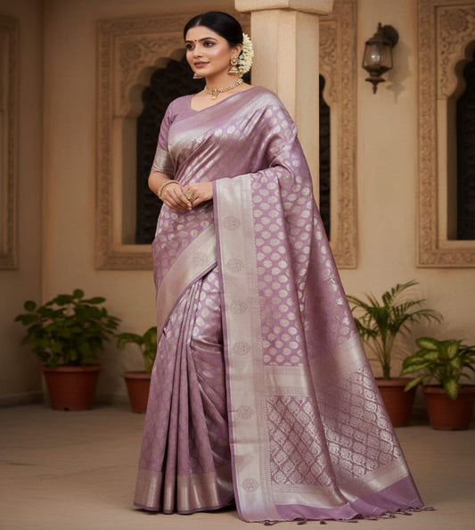 Mauve Cotton Silk Saree with Zari Leaf Design