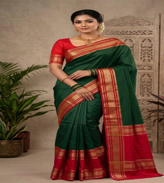 Classic Bottle Green & Rani Pink Semi Crepe Mysore Silk Saree