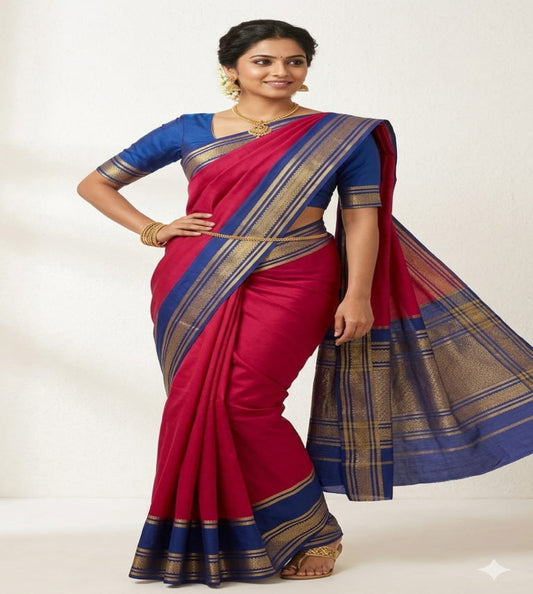 Pink Semi Crepe Mysore Silk Saree with Navy Blue Zari Border