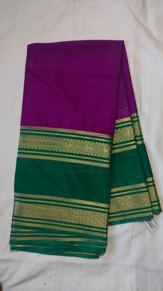 Purple Semi Crepe Mysore Silk Saree with Green Zari Border