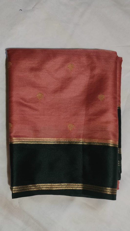 Elegant Peach Gajji Silk Saree with Contrast Green Border