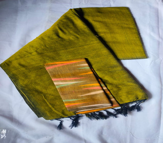 Olive Green Khadi Cotton Saree with Contrast Designer Blouse