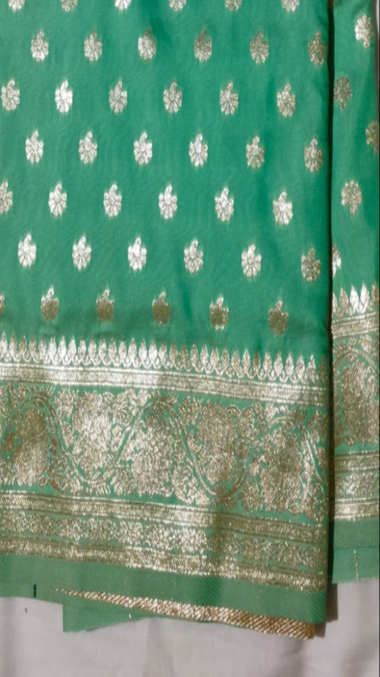 Emerald Green Banarasi Silver Zari Butta Saree