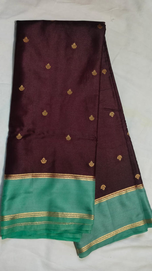 Elegant Wine Brown Gajji Silk Saree with Contrast Cyan Border