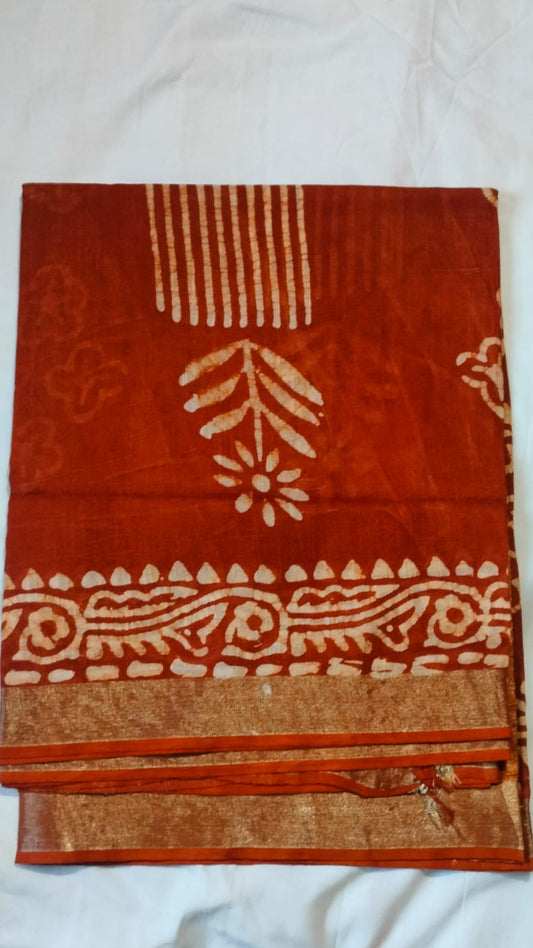 Rust Orange Printed Linen Cotton Saree