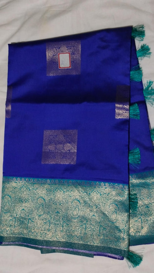 Royal Blue Semi Silk Saree with Teal Zari Border