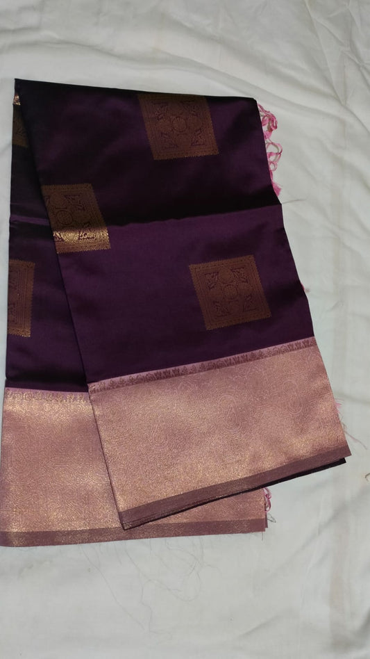 Wine Purple Semi Silk Saree with Rose Gold Zari Border