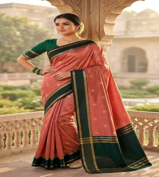 Elegant Peach Gajji Silk Saree with Contrast Green Border