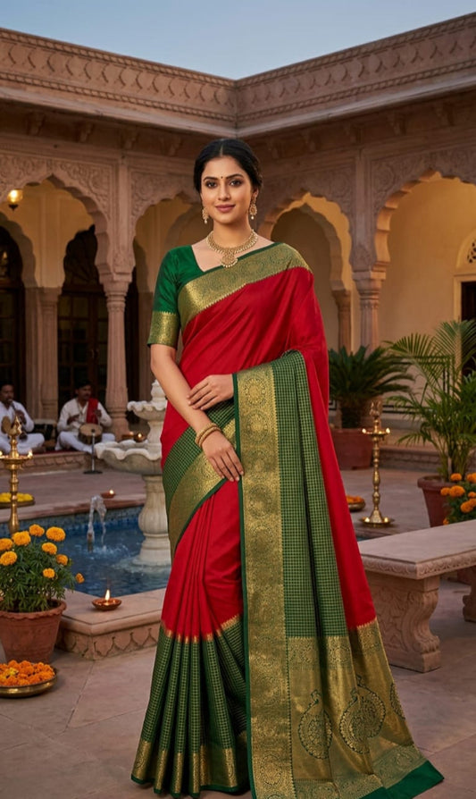 Orange With Green Crepe Big Border Saree