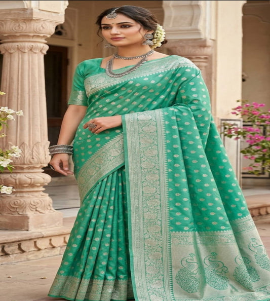 Emerald Green Banarasi Silver Zari Butta Saree