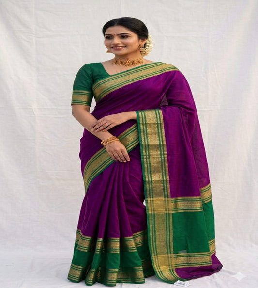 Purple Semi Crepe Mysore Silk Saree with Green Zari Border