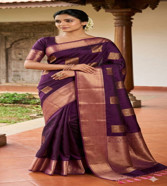 Wine Purple Semi Silk Saree with Rose Gold Zari Border
