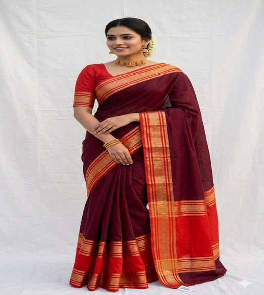 Elegant Deep Maroon with Bright Orange Semi Crepe Mysore Silk Saree