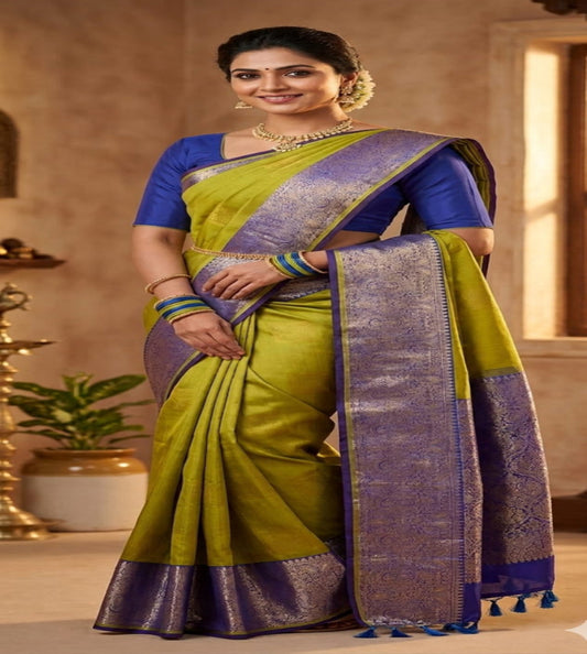 Parrot Green Saree with Royal Blue Zari Border