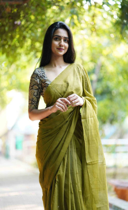 Olive Green Khadi Cotton Saree with Contrast Designer Blouse