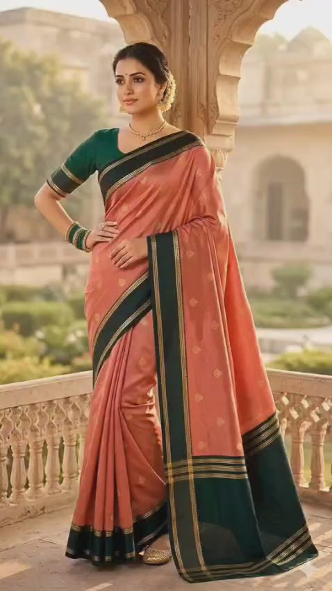 Elegant Peach Gajji Silk Saree with Contrast Green Border