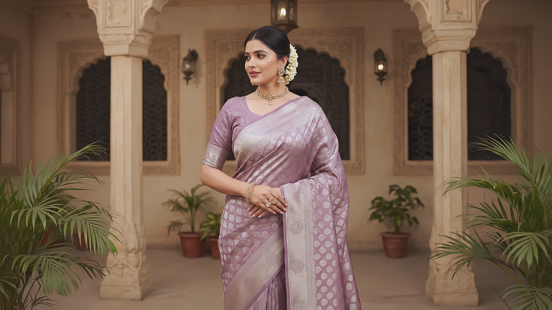 Mauve Cotton Silk Saree with Zari Leaf Design