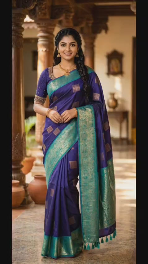 Royal Blue Semi Silk Saree with Contrast Green Border