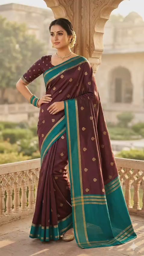 Elegant Wine Brown Gajji Silk Saree with Contrast Cyan Border
