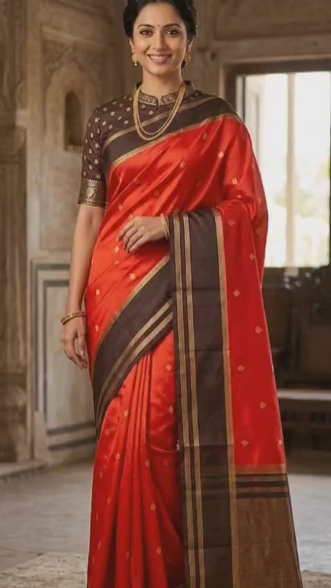 Elegant Rust Orange Gajji Silk Saree with Contrast Brown Border