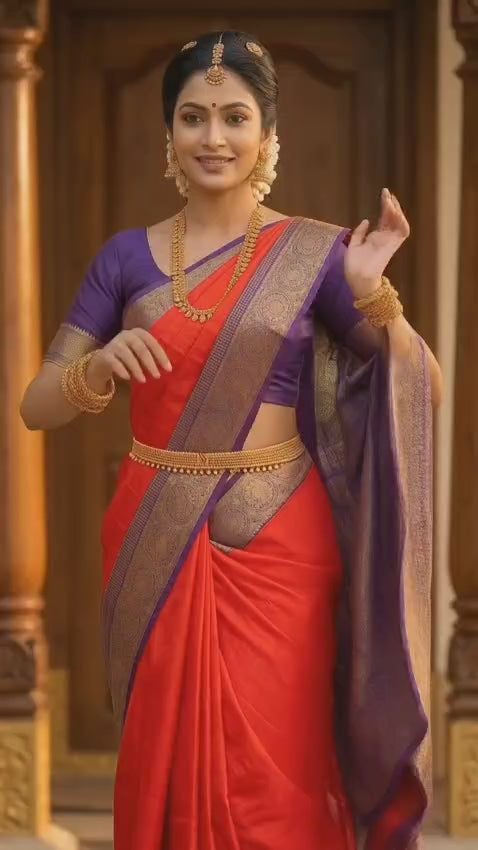 Orange With Purple Crepe Big Border Saree